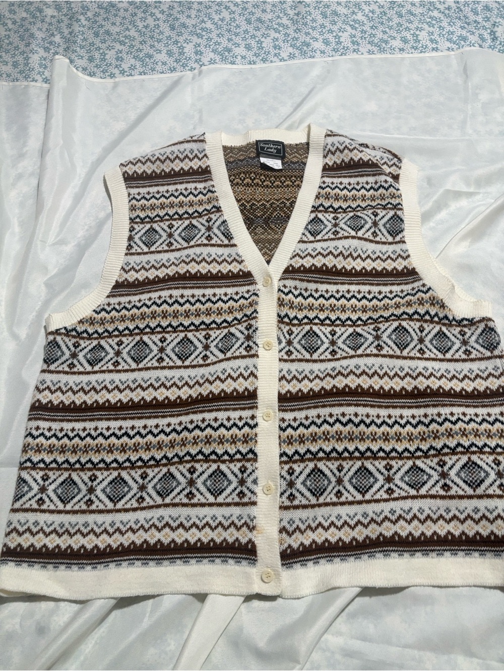 Southern Lady Cream and Brown Fair Isle Button-Up Cardigan Vest